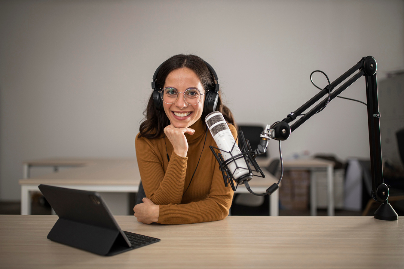 front view woman broadcasting radio